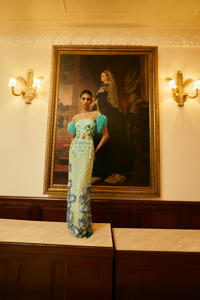 Fitted party dress featuring couture handwork embroidery, ideal for destination party outfits