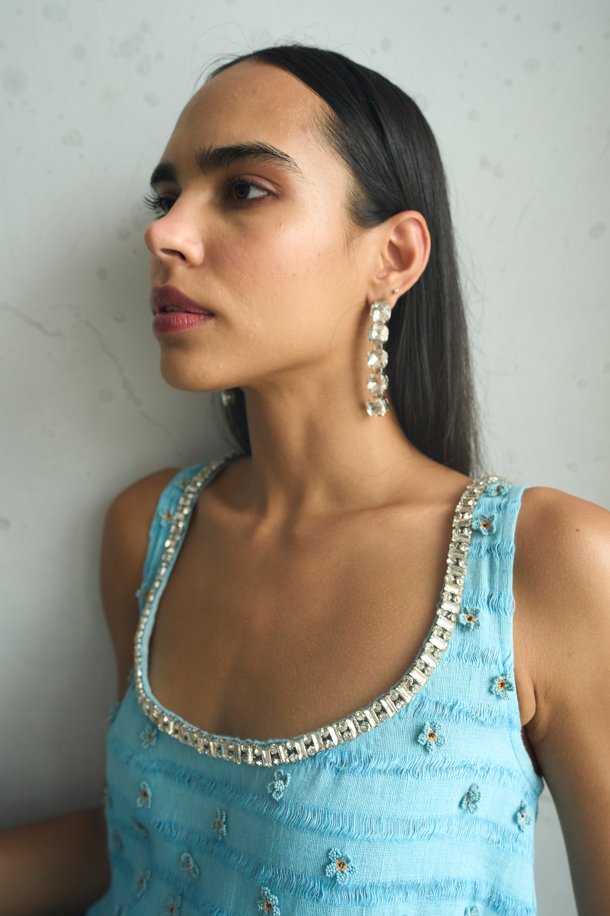 Cyan Blue Orchid Embellished Top