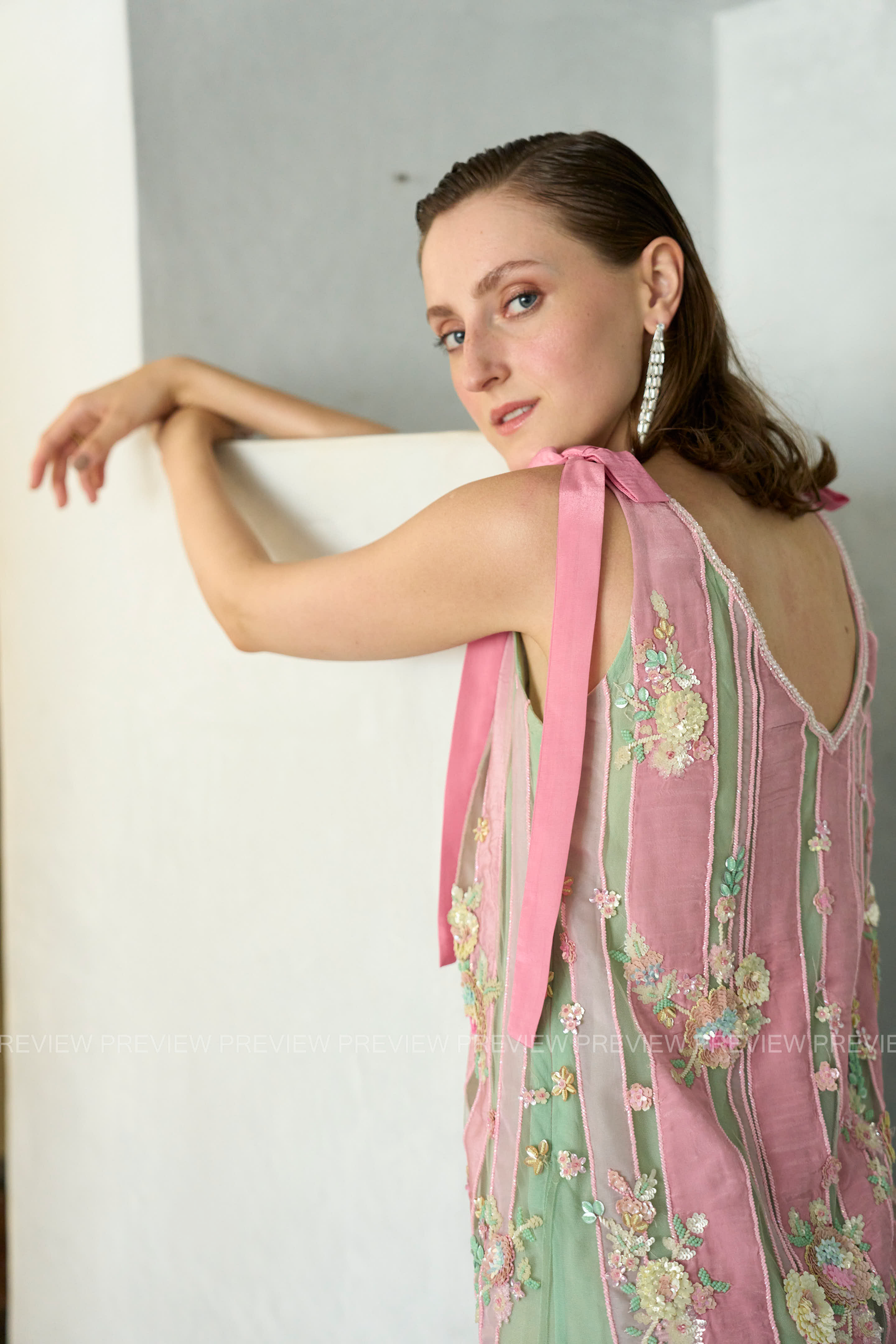 Peony Pink And Green Embroidered Mini Dress