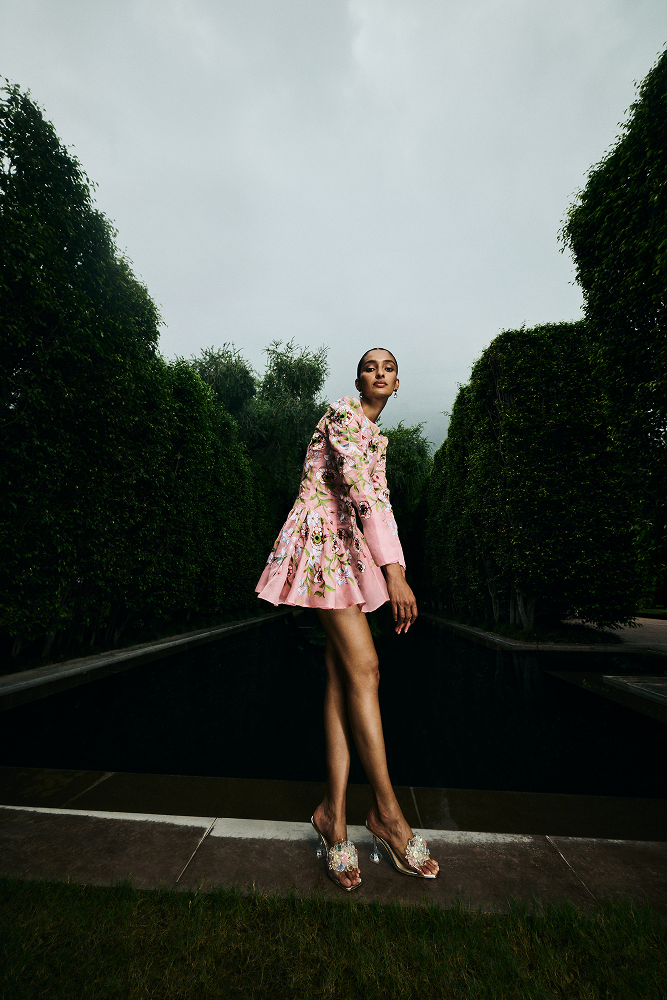 Multicolor silk-thread embroidery highlighted on a garden party mini dress