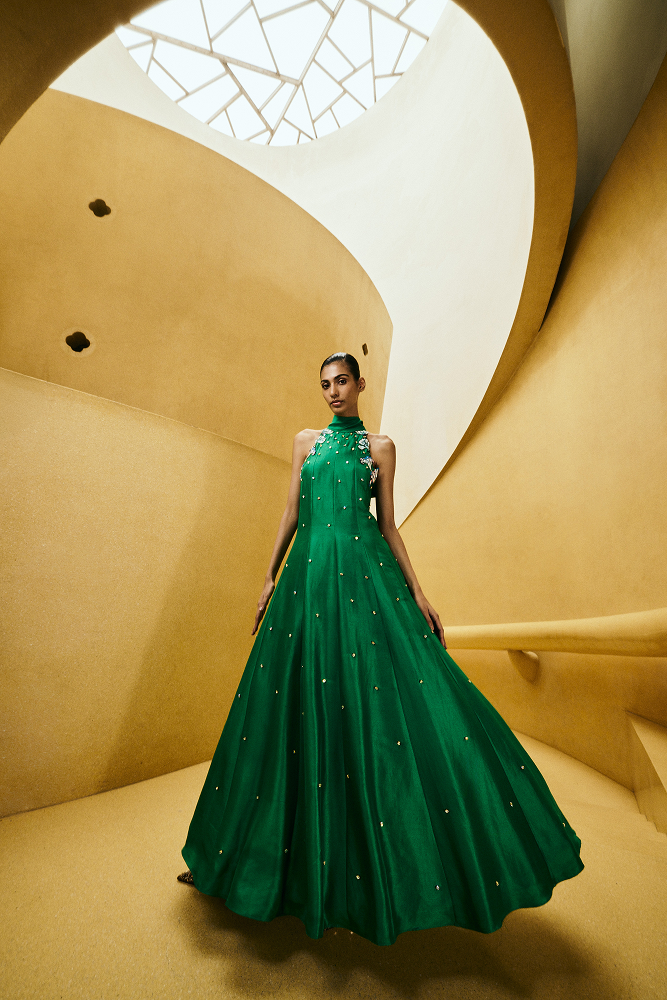 Wedding guest gown styled for a refined guest of the wedding look