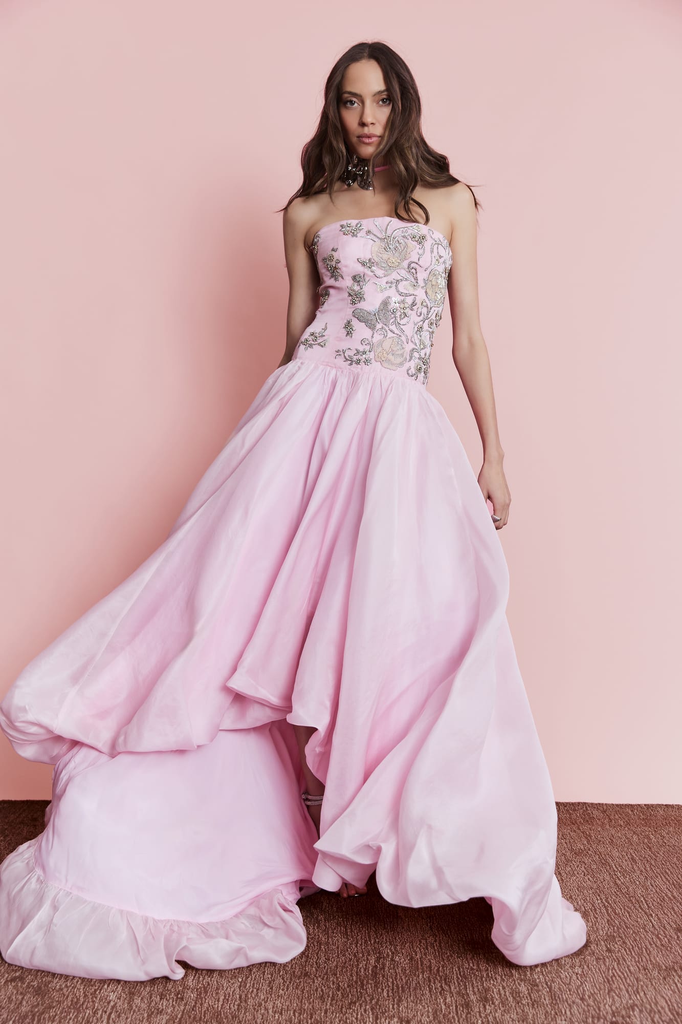 Hand-embellished strapless pink gown, elegant crystalline embellished dress with romantic tiered organza layers