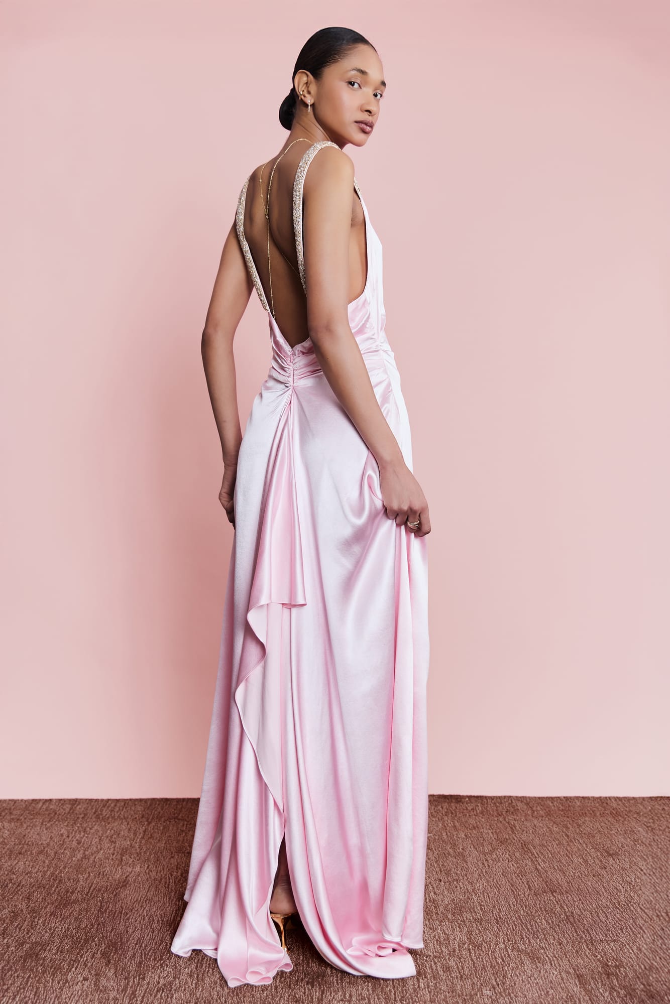 Sleek evening silhouette luxury pink midi dress, designer cocktail dress with refined square neckline