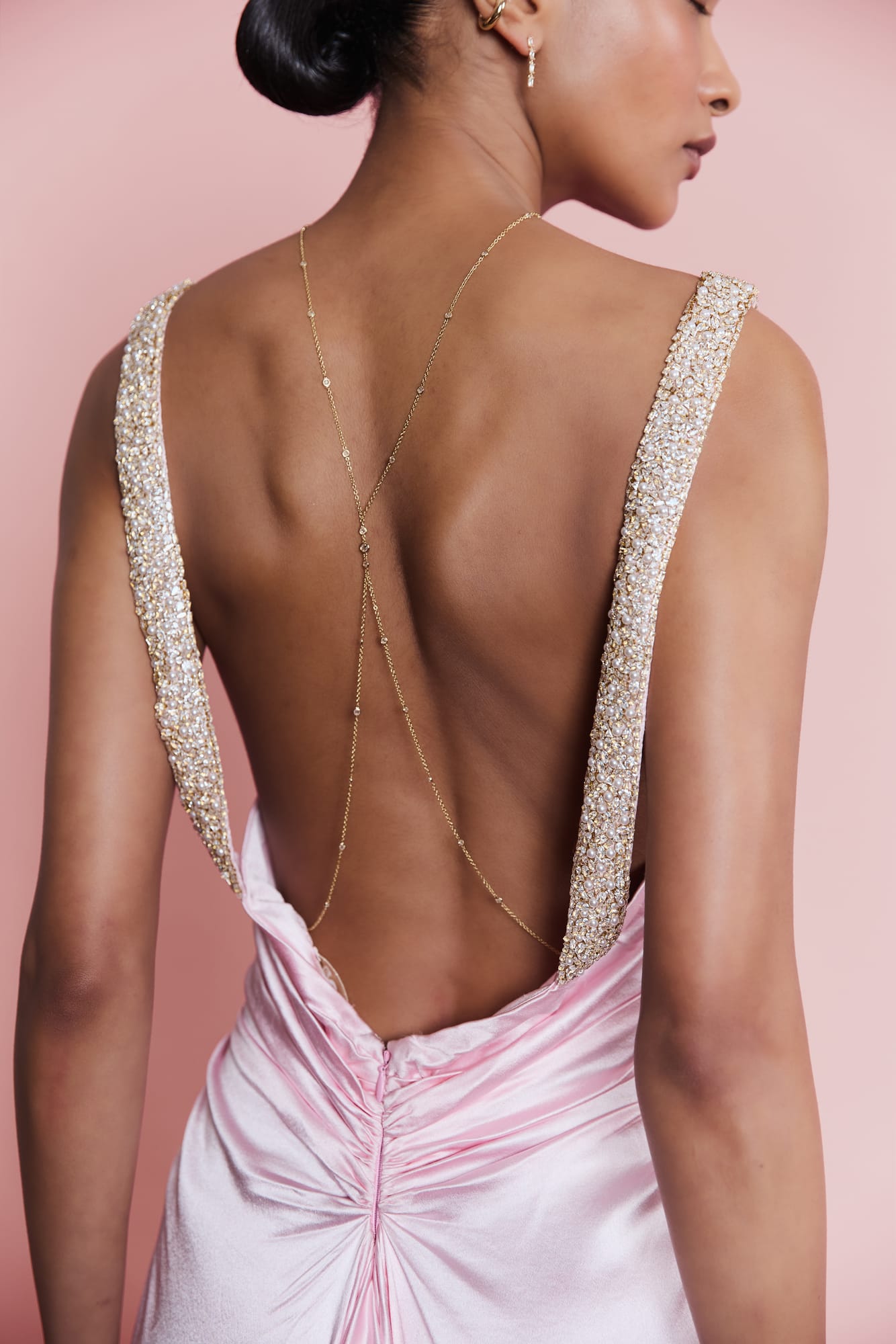 High-fashion silk-touch dress in pink, embellished square neck midi for luxury cocktail wear