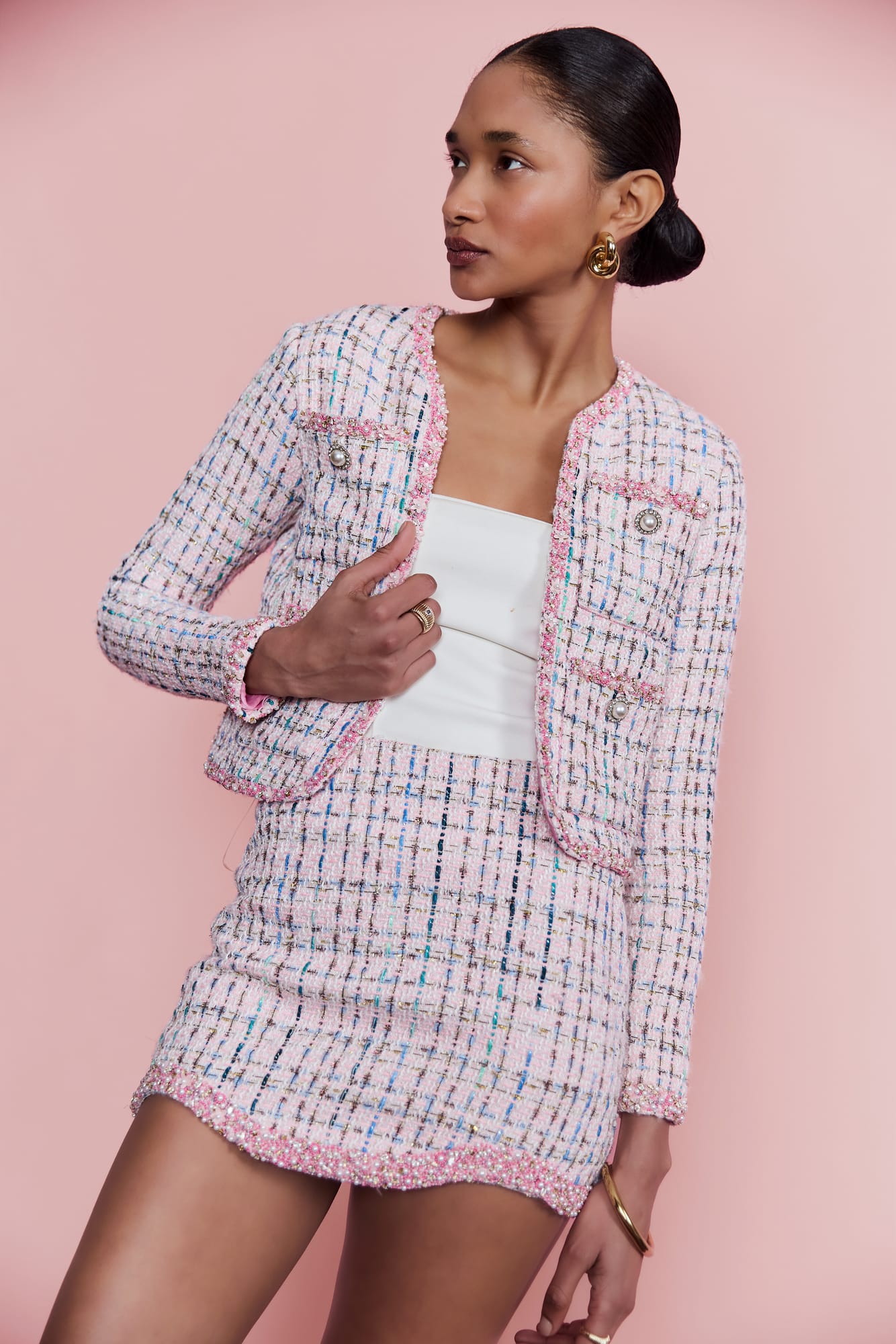 Luxury pink tweed skirt, designer mini skirt with premium embellished tweed and elegant beaded couture finish