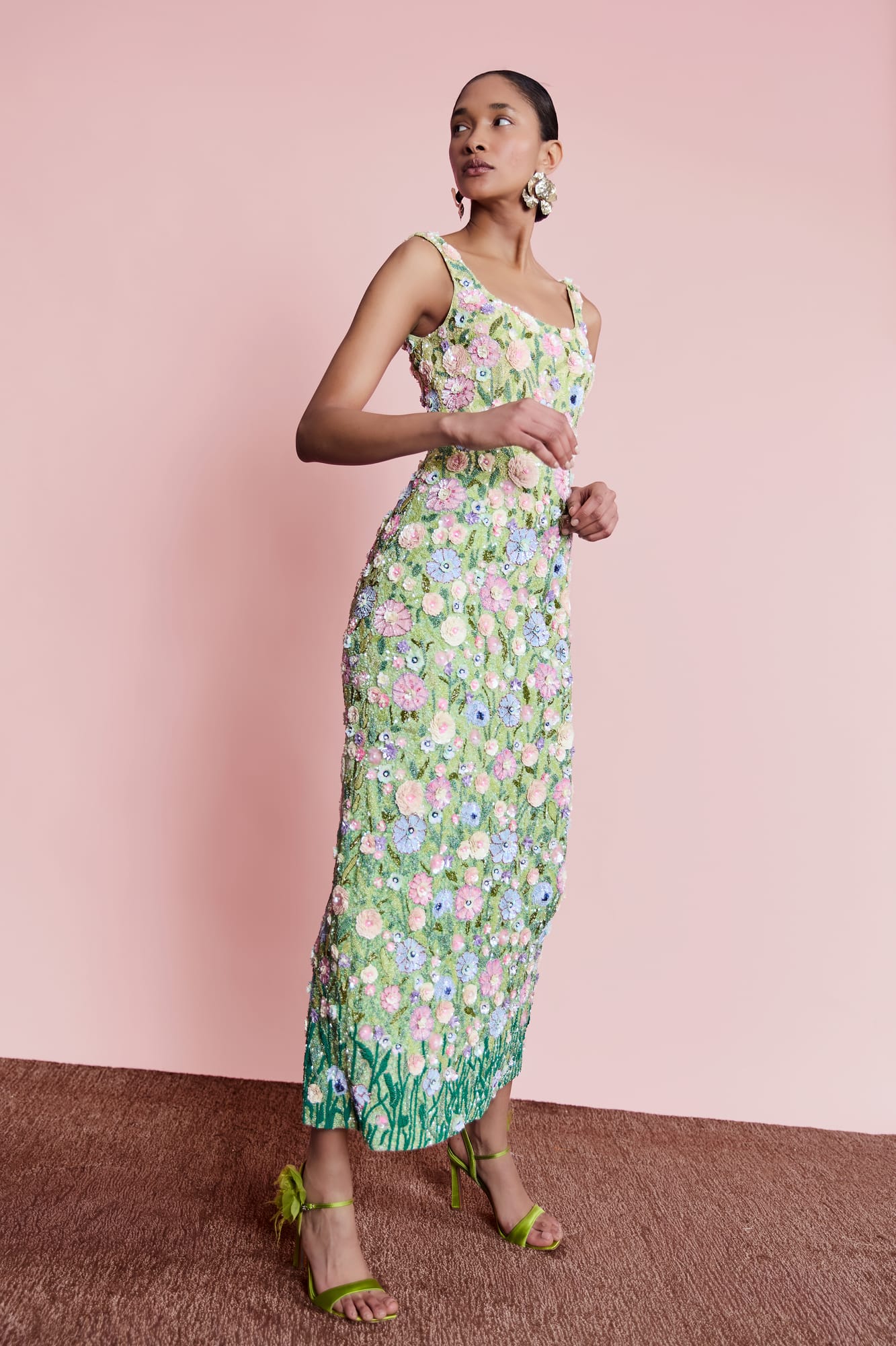 Hand-embellished luxury floral midi dress, square neck design for couture gala and wedding guest style