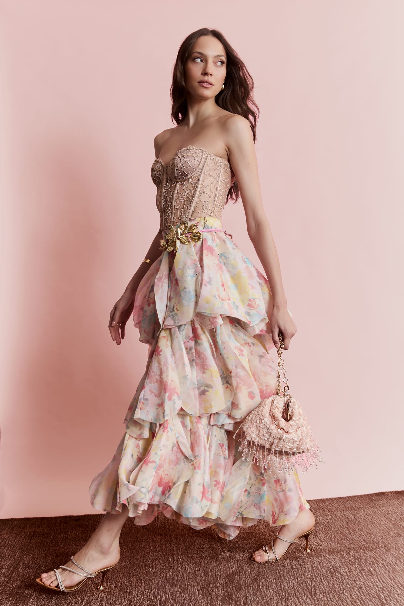Luxury tiered maxi skirt with floral print, designer ruffle skirt for high-fashion garden party wear