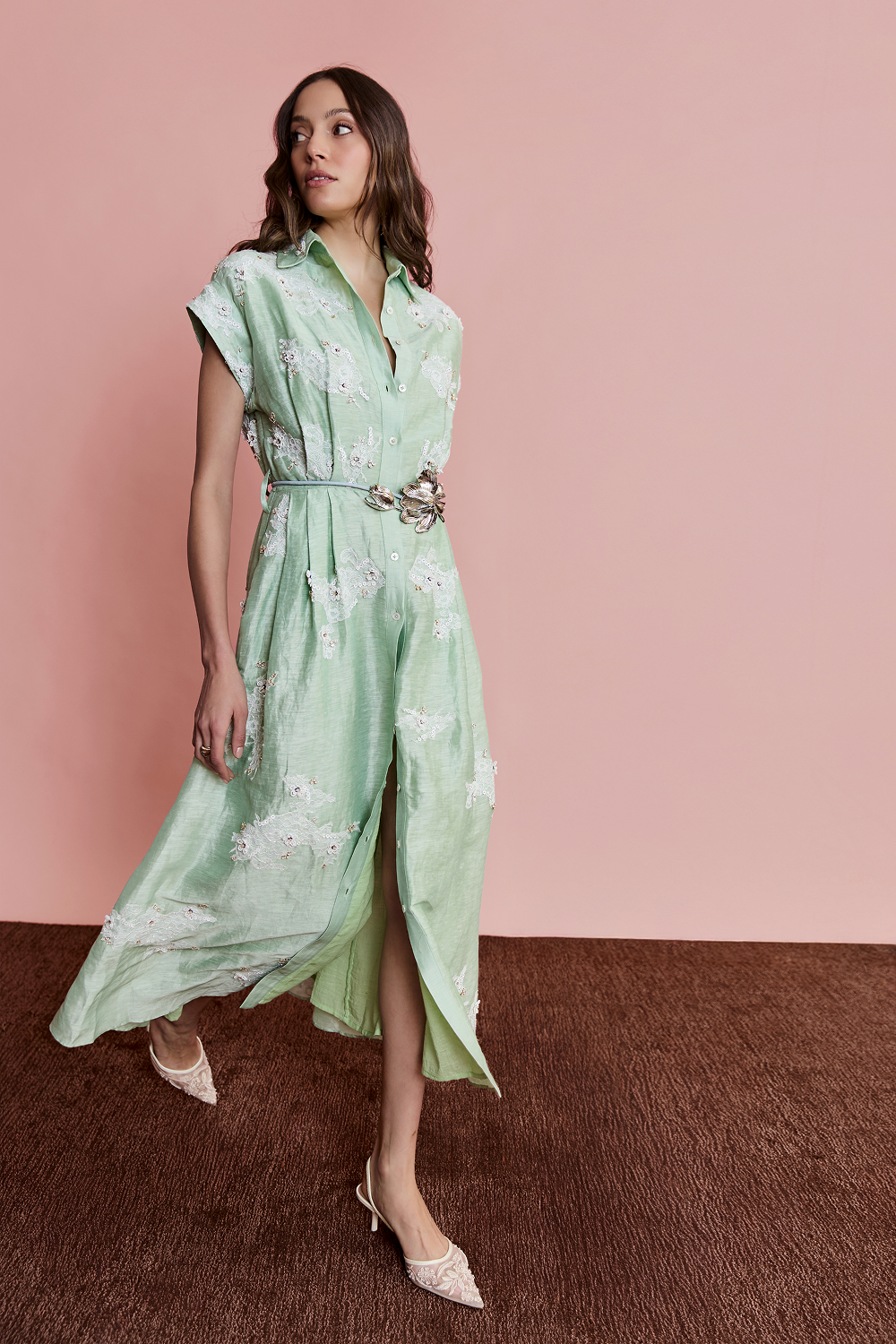 Mint pastel occasion wear dress with belt, cap sleeves and a soft feminine silhouette
