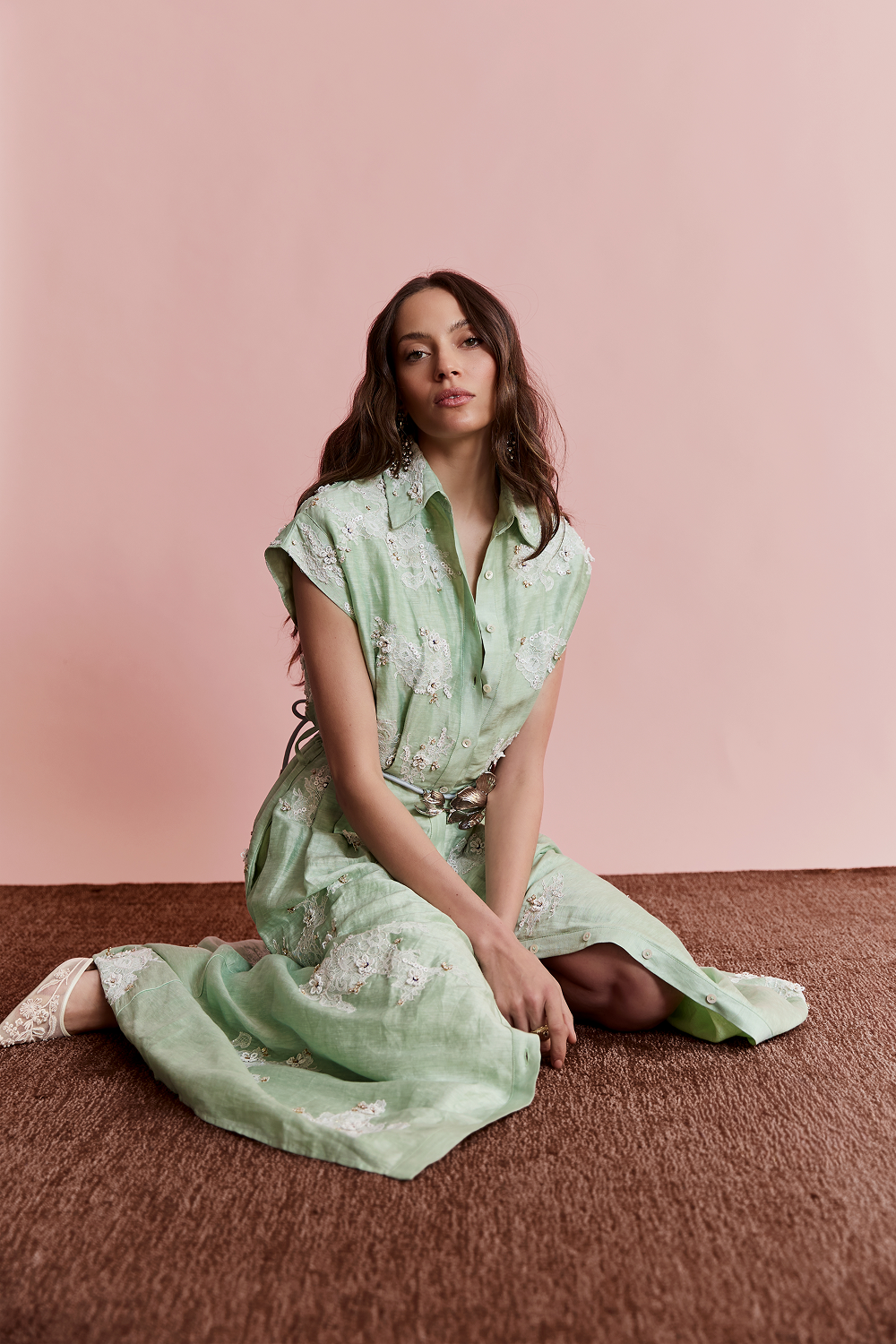 Cap sleeve mint shirt dress with belt, pastel flowy summer dress for effortless elegant daywear