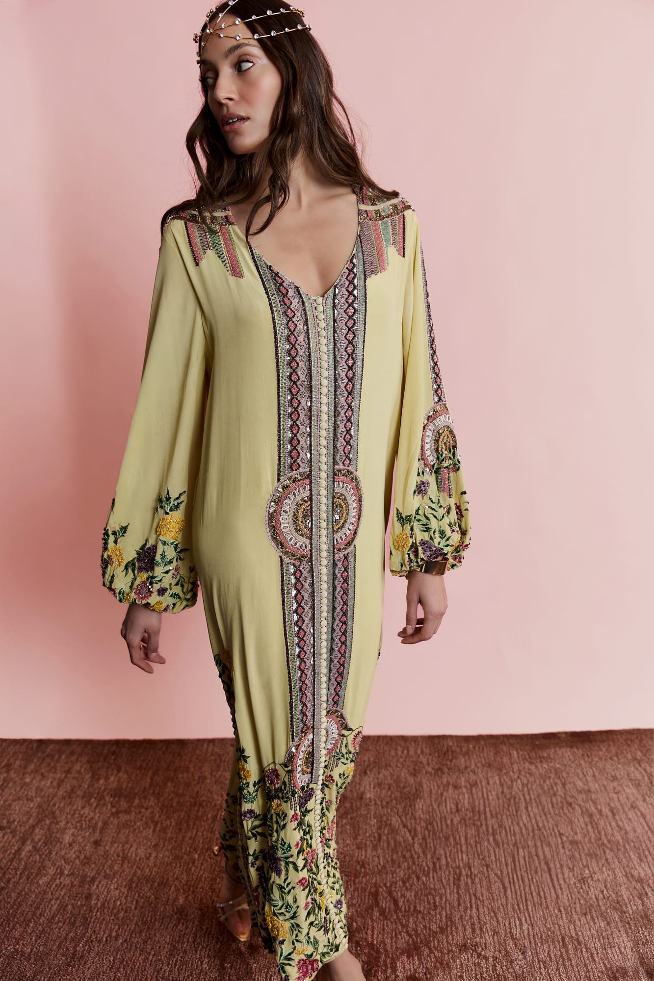 High-end resort wear luxury kaftan dress with hand-embroidered design and sophisticated holiday appeal