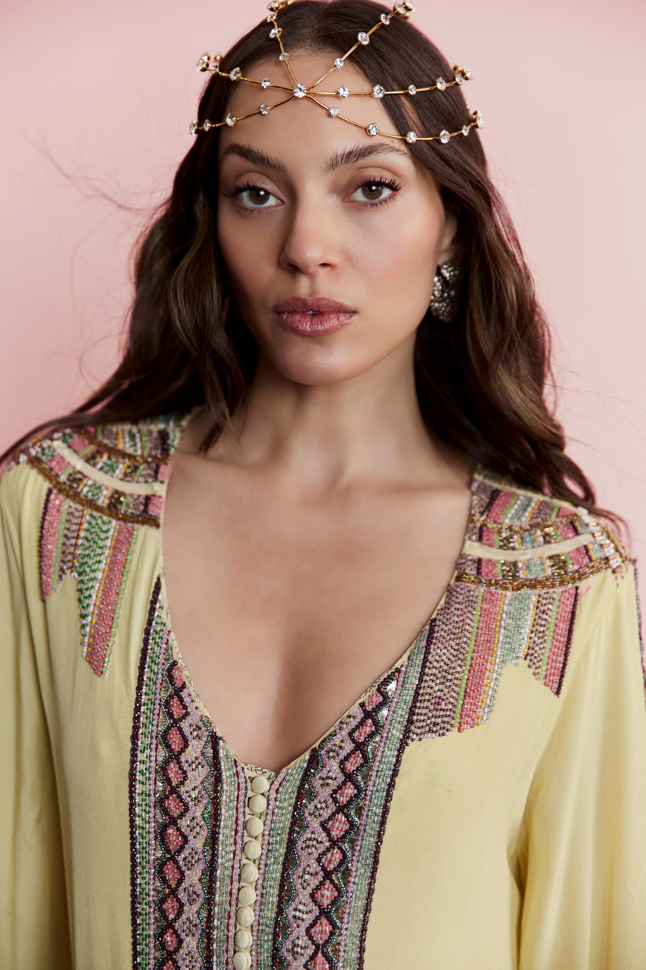 Luxury kaftan dress with hand-embroidered detailing, bohemian luxury fashion for festive celebration wear