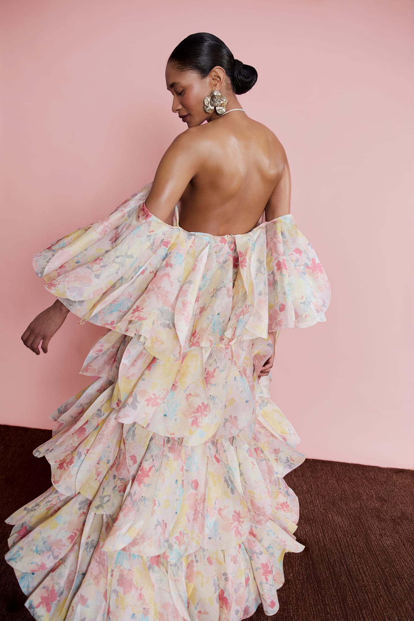 Couture resort wear luxury tiered gown, premium summer celebration dress with voluminous ruffled layers