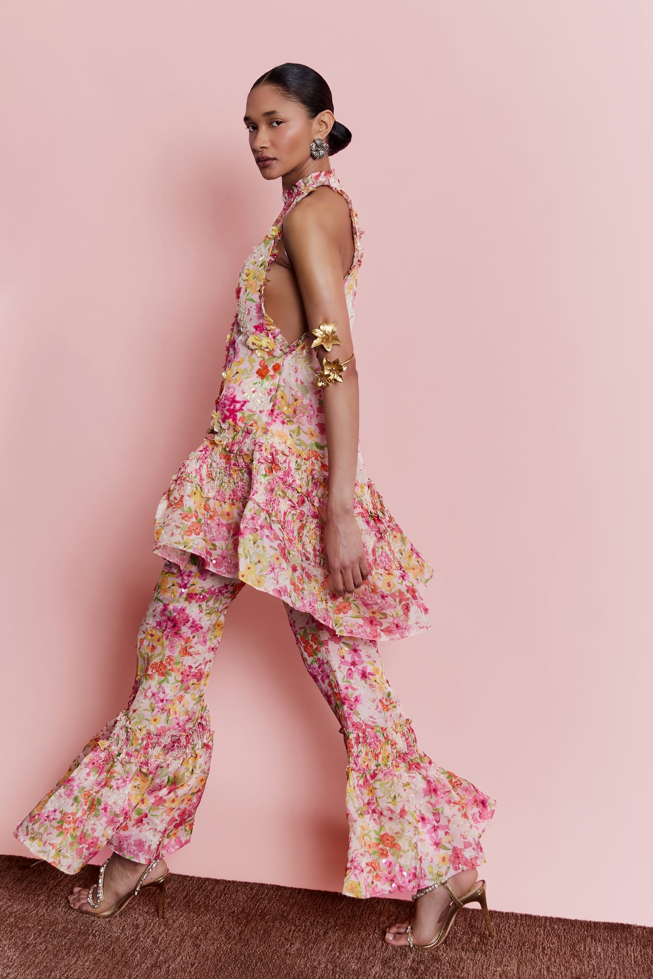 Floral print bell bottom pants, high-fashion trousers for shimmering holiday wear and artisanal style