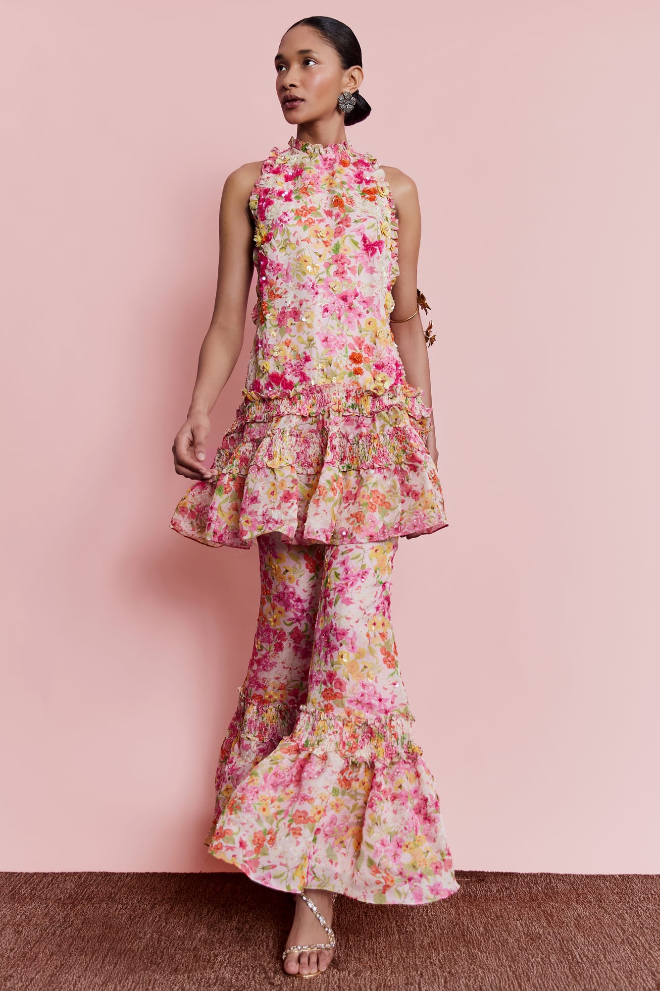 Luxury floral pants with bell bottom silhouette, couture floral trousers for romantic garden party attire