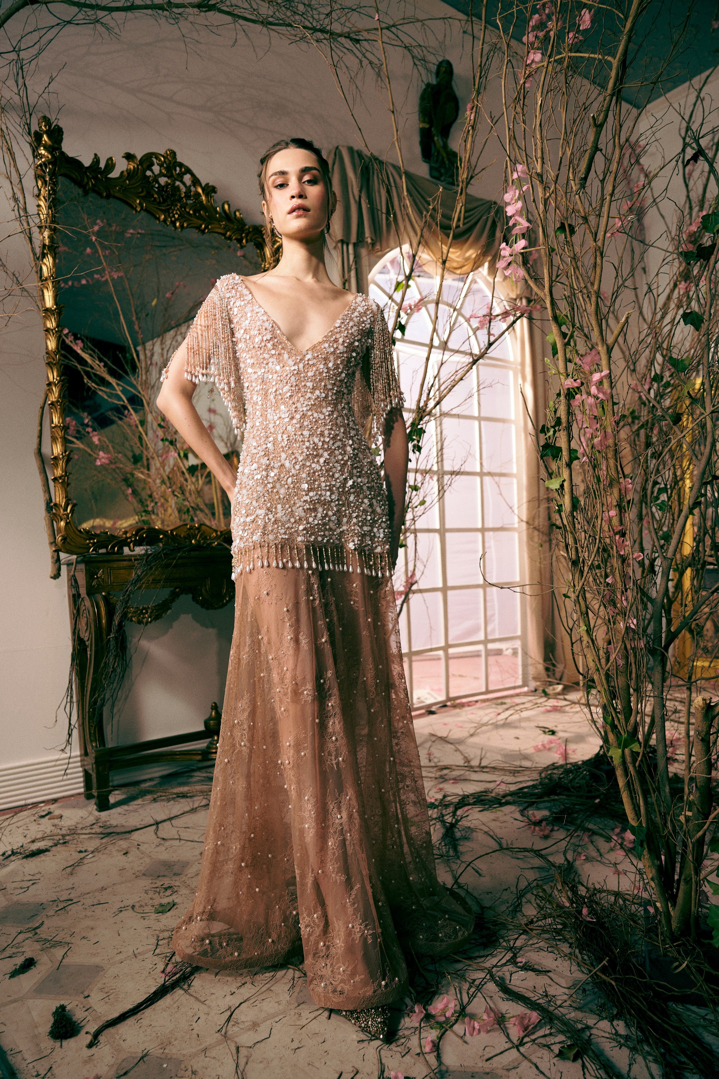 Luxury designer gala dress – champagne lace fringe gown with crystal embellishments and plunging V-neck