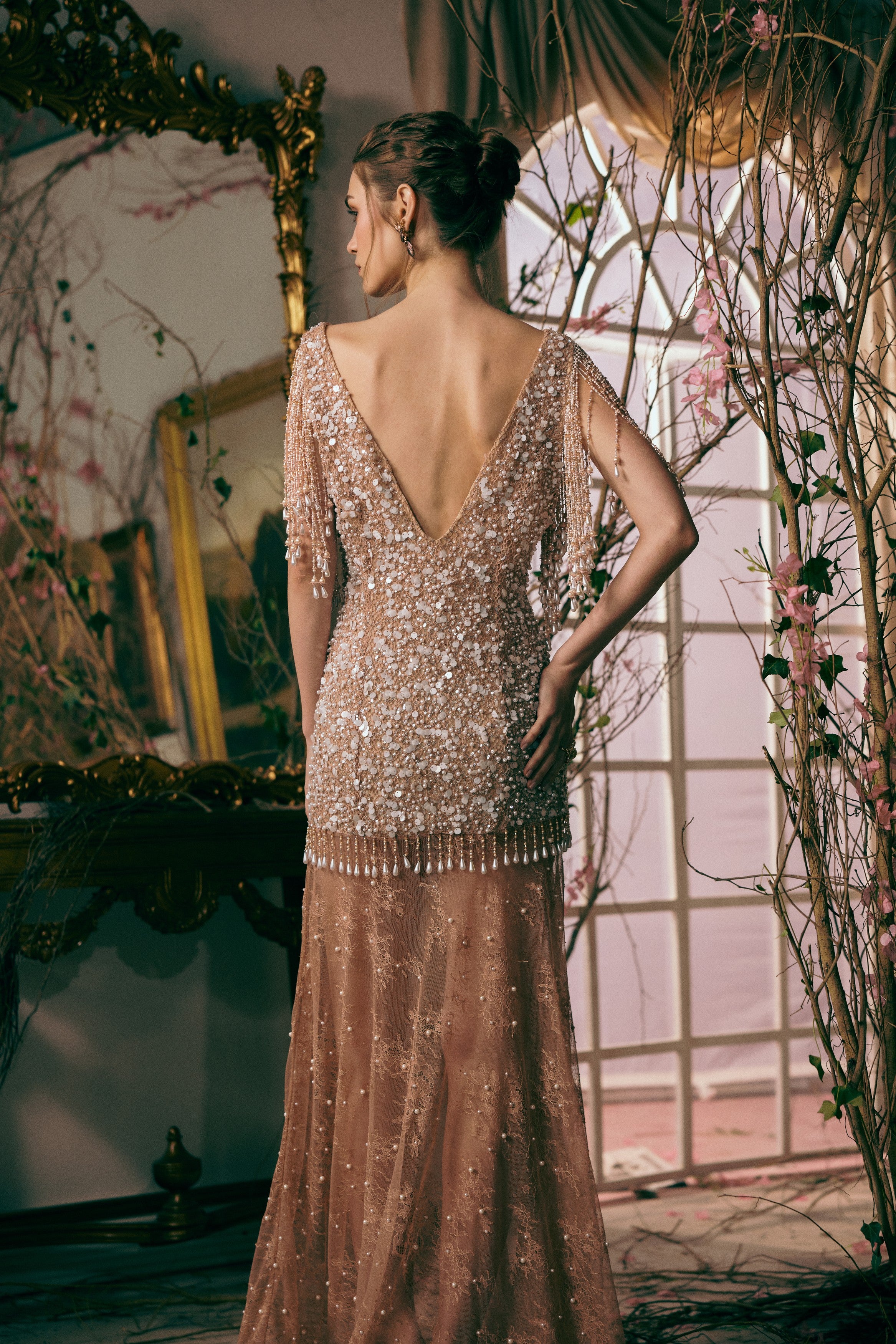 Crystal embellished champagne evening wear – luxury plunging V-neck fringe dress for wedding guest and red carpet