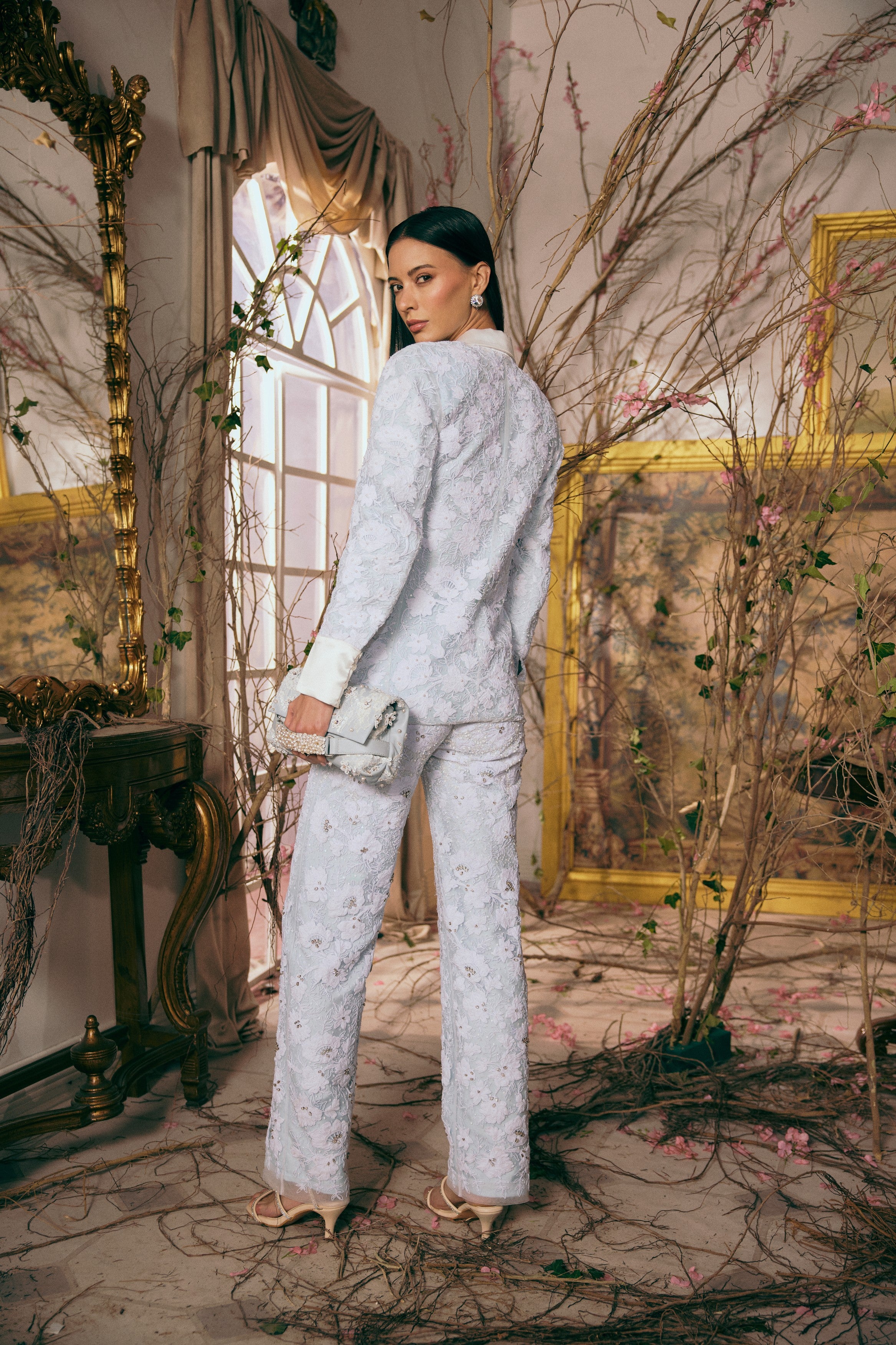Luxury formal designer blazer – icy blue crystal floral lace jacket with couture satin lapel detailing