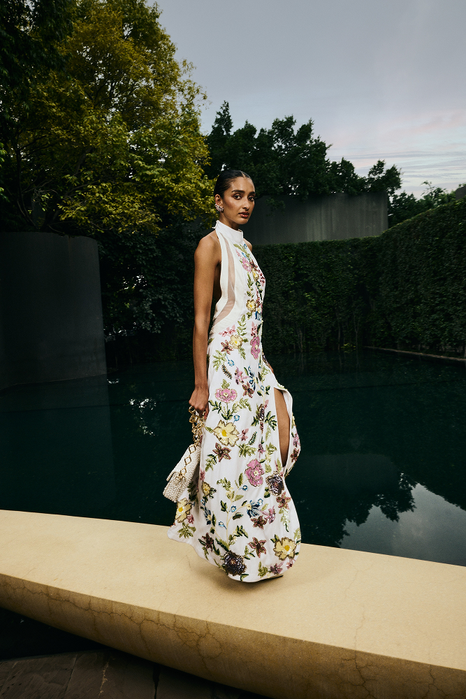 Red carpet inspired dress designed for engagement and reception wear