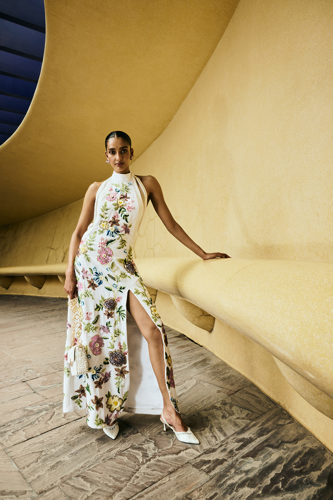 Beaded dress crafted as a statement luxury evening wear piece