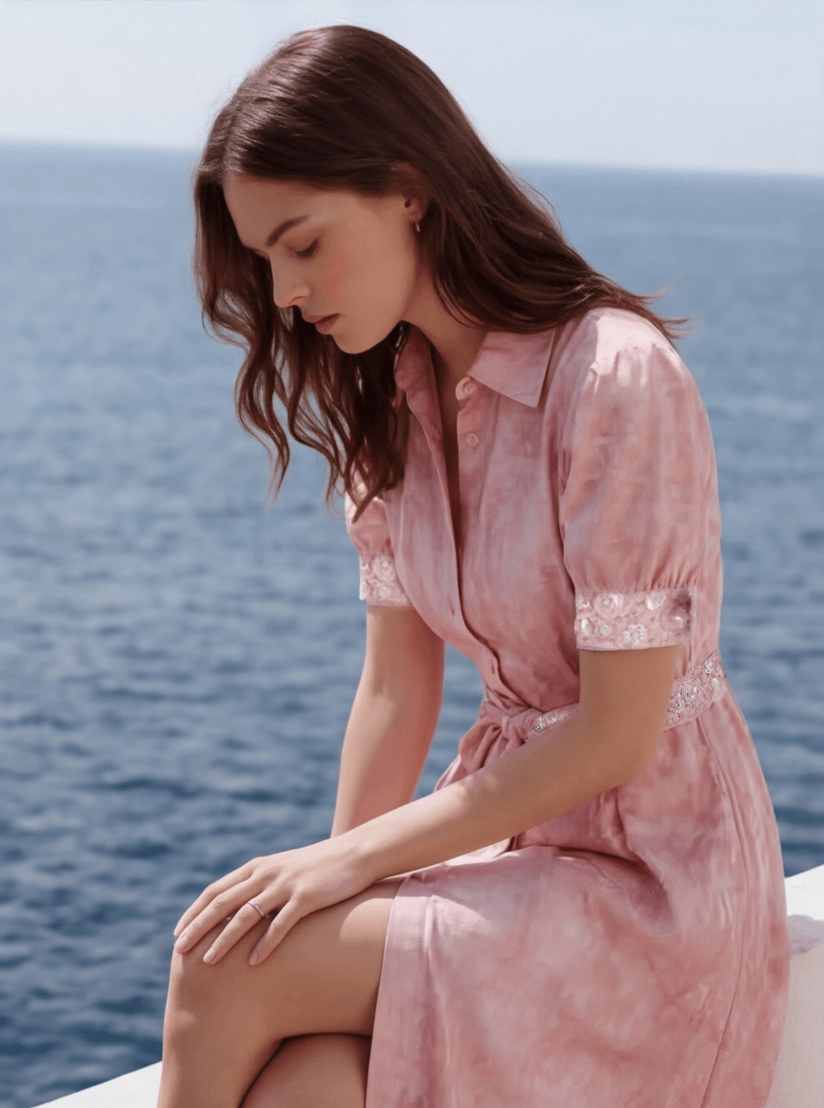 Luxury shirt dress in soft pink print, designer resort wear with ethereal summer fashion vibe