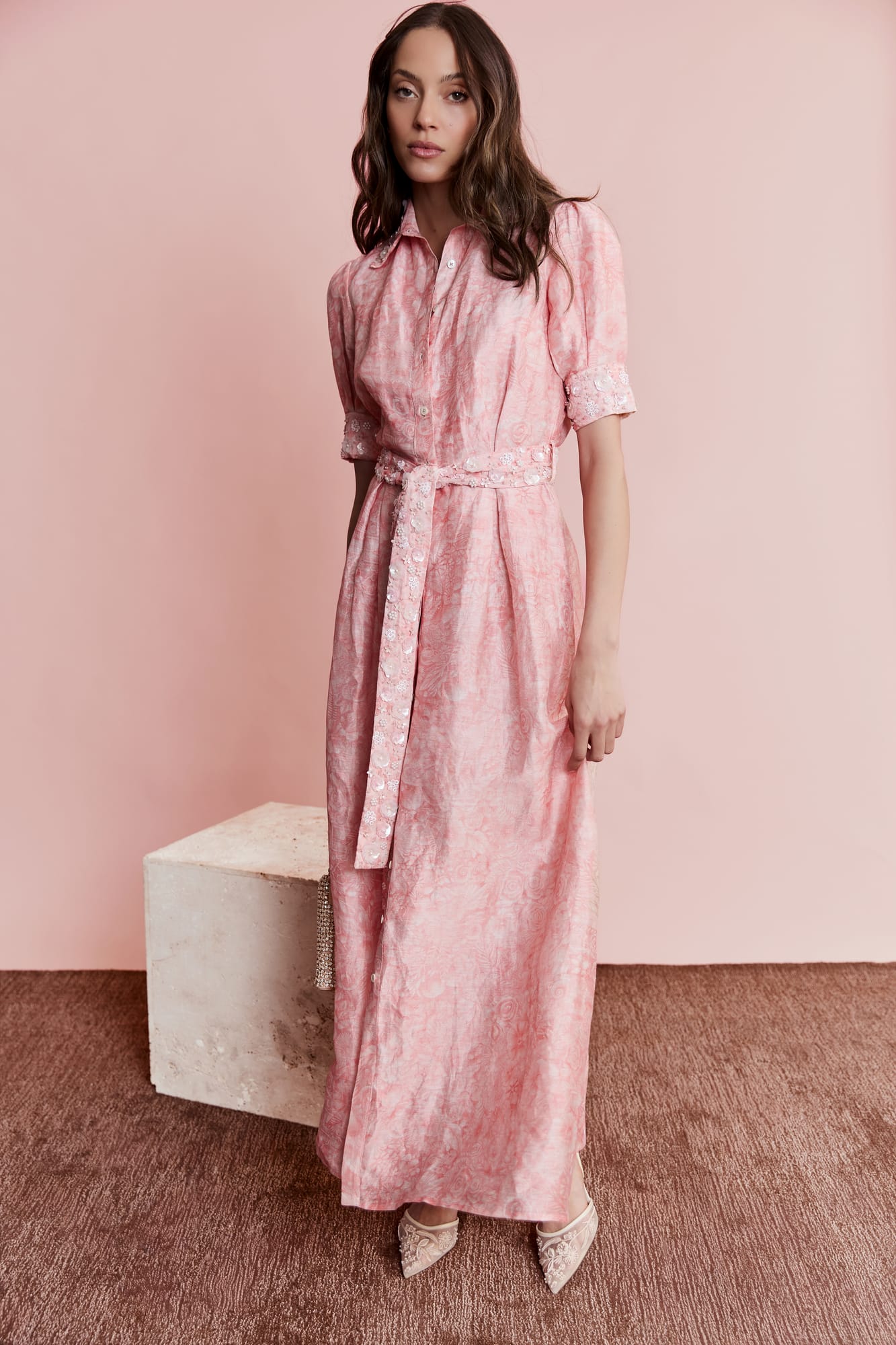 High-fashion shirt dress in pink print gown aesthetic, couture holiday wear with elegant detailing