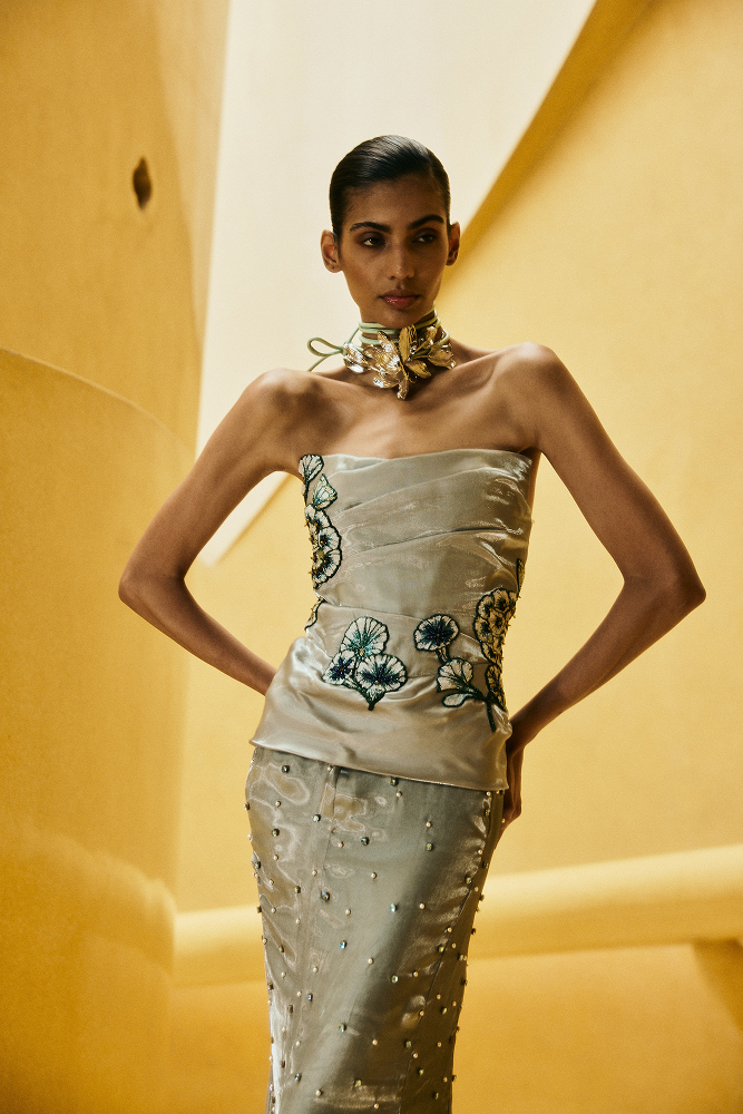 Beaded corset top styled for luxury evening wear occasions