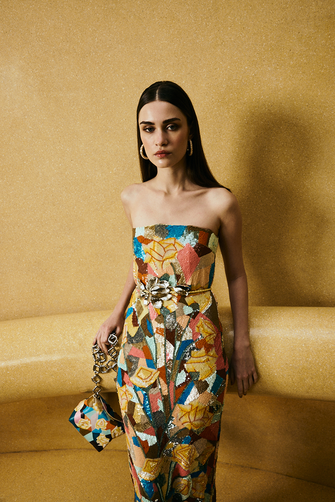 Beaded dress designed for a refined vacation evening look with relaxed resort elegance