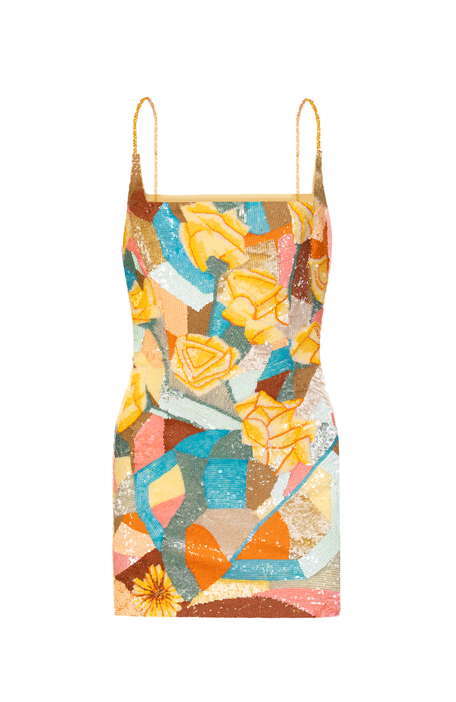 Creative cocktail wear beaded dress styled for resort parties and vacation nights