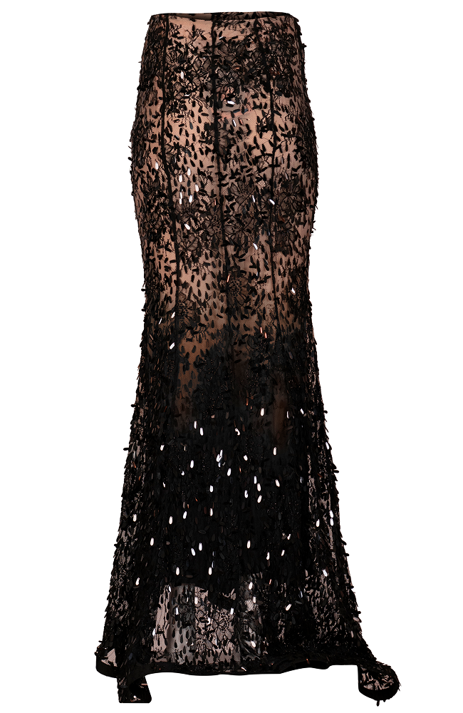 Sequin embellished skirt styled as an elegant evening party skirt