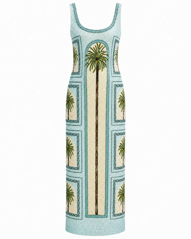 Wedding guest embroidered dress, embellished midi silhouette with sophisticated square neckline design