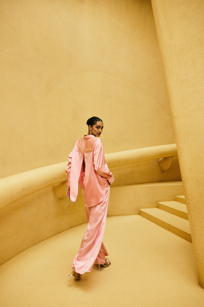 Luxury satin shirt women styled as a silk satin blouse and premium womenswear top for a vacation evening look, summer soirée style, fashion week outfit, creative cocktail wear, and guest of wedding styling