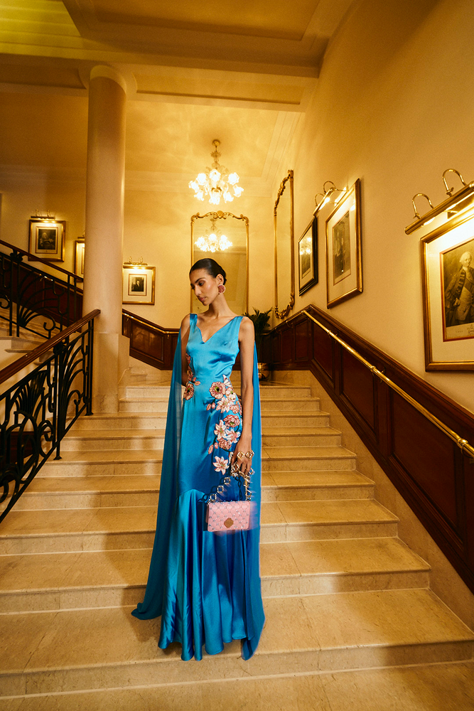 Flared hemline dress styled as a graceful floor length dress