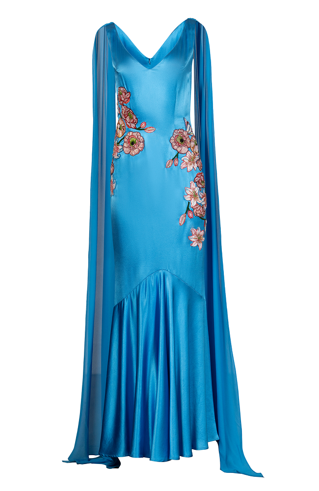 Applique embroidery satin finish dress styled for elegant evening wear