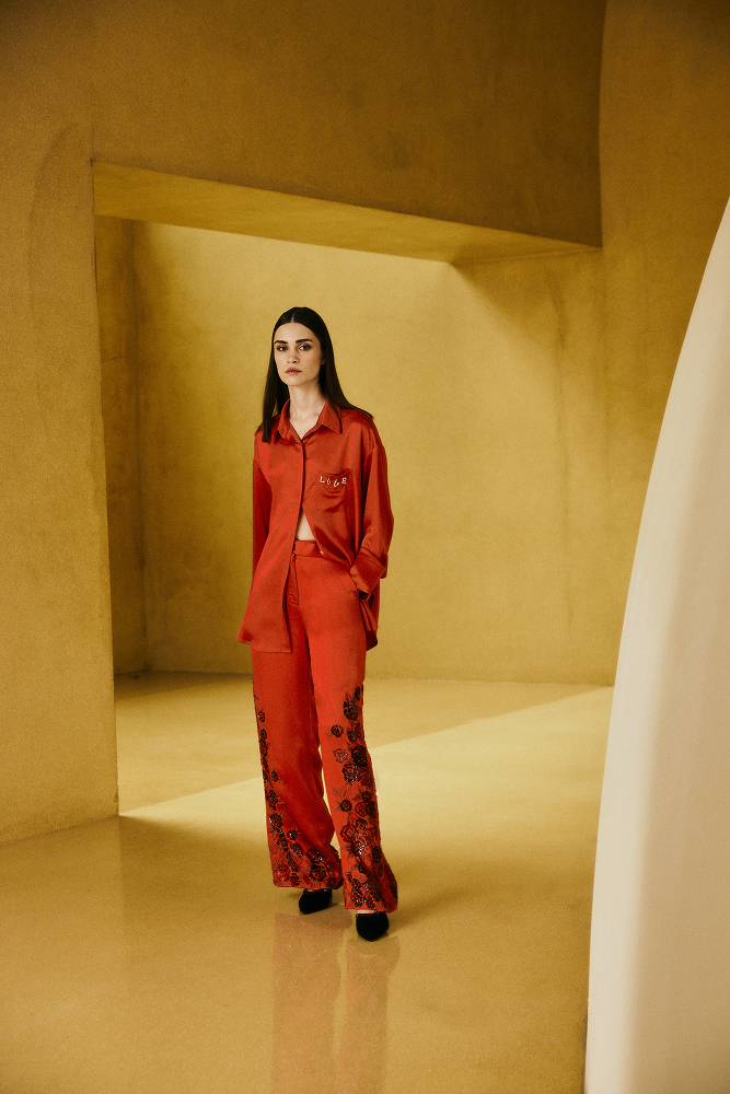 Luxury satin shirt women styled as a silk satin blouse and premium womenswear top for a vacation evening look, summer soirée style, fashion week outfit, creative cocktail wear, and guest of wedding occasions