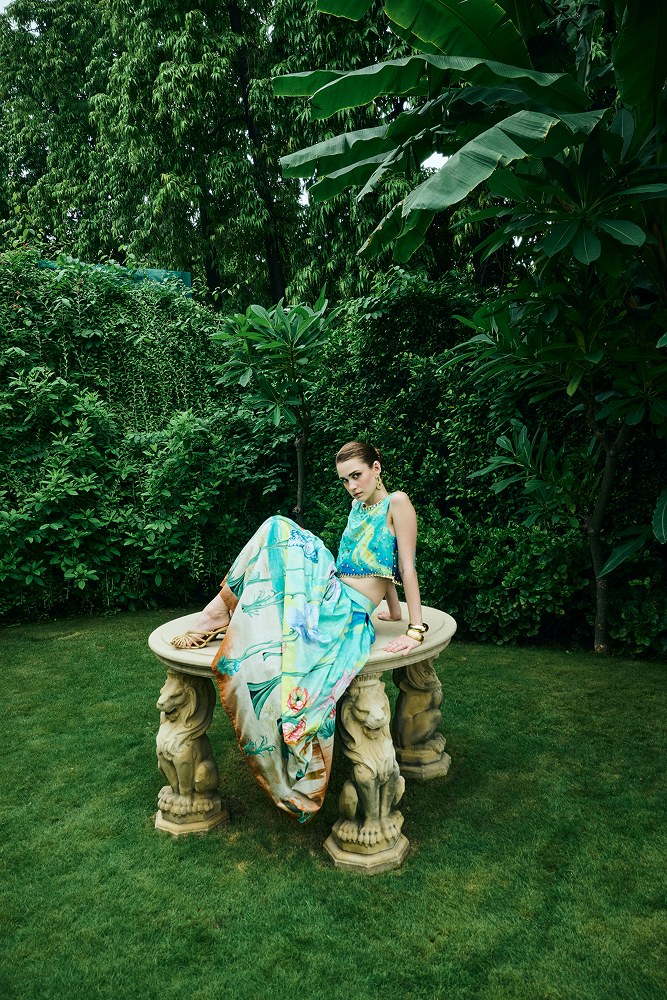 Printed skirt styled as an embellished skirt for evening event wear and a guest of the wedding ball party outfit