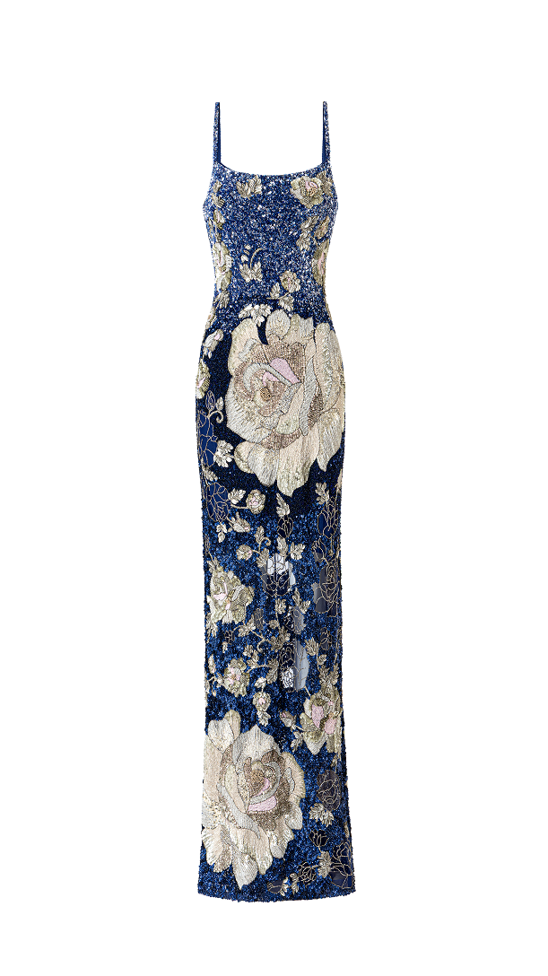 Statement party dress with a flattering square neckline and sparkling embellishments.