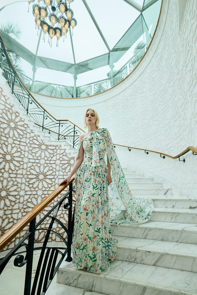 Floral print dress styled as a full-length printed dress for day events