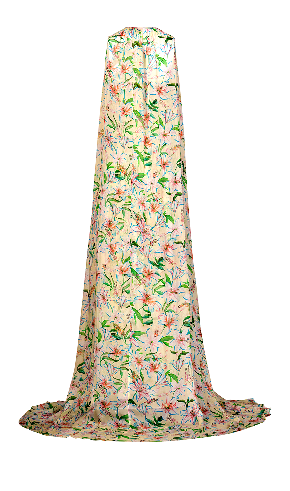 Tie-up cape styled with a floral cape gown for elegant contemporary ethnic fusion wear