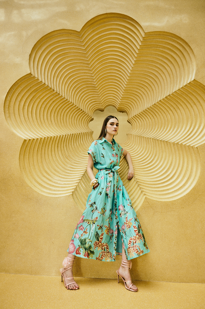 Vacation shirt dress styled as a brunch party dress for daytime occasion wear