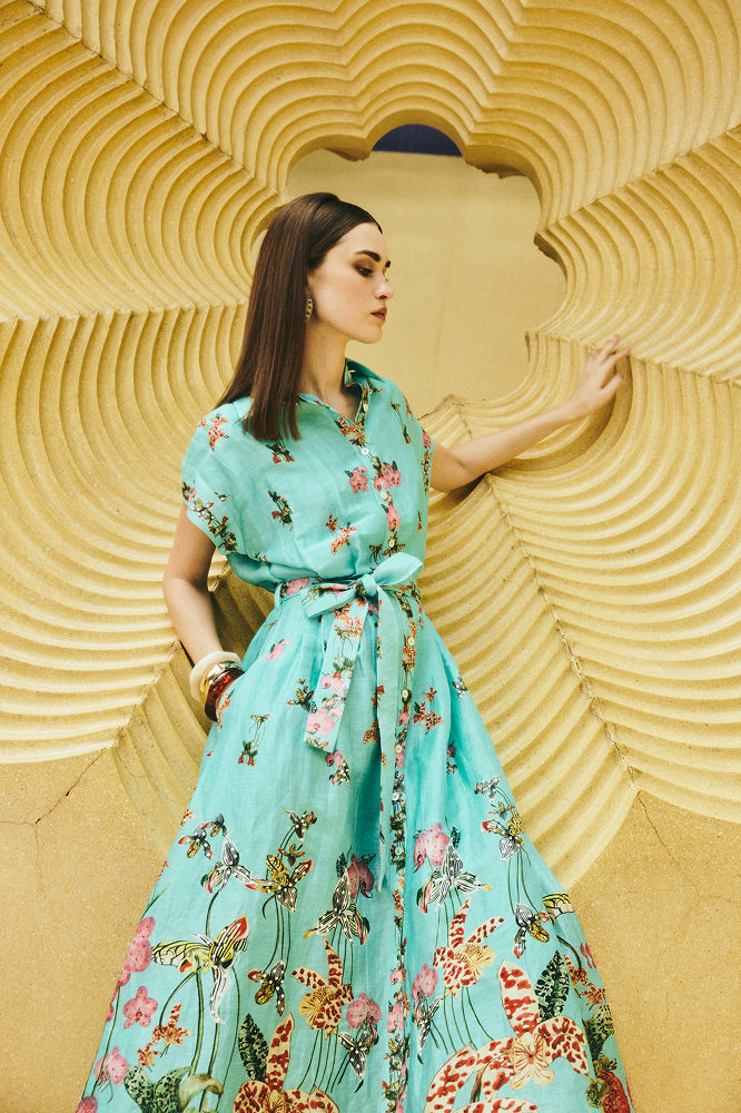 Sleeveless shirt dress designed as a destination wear outfit for summer events