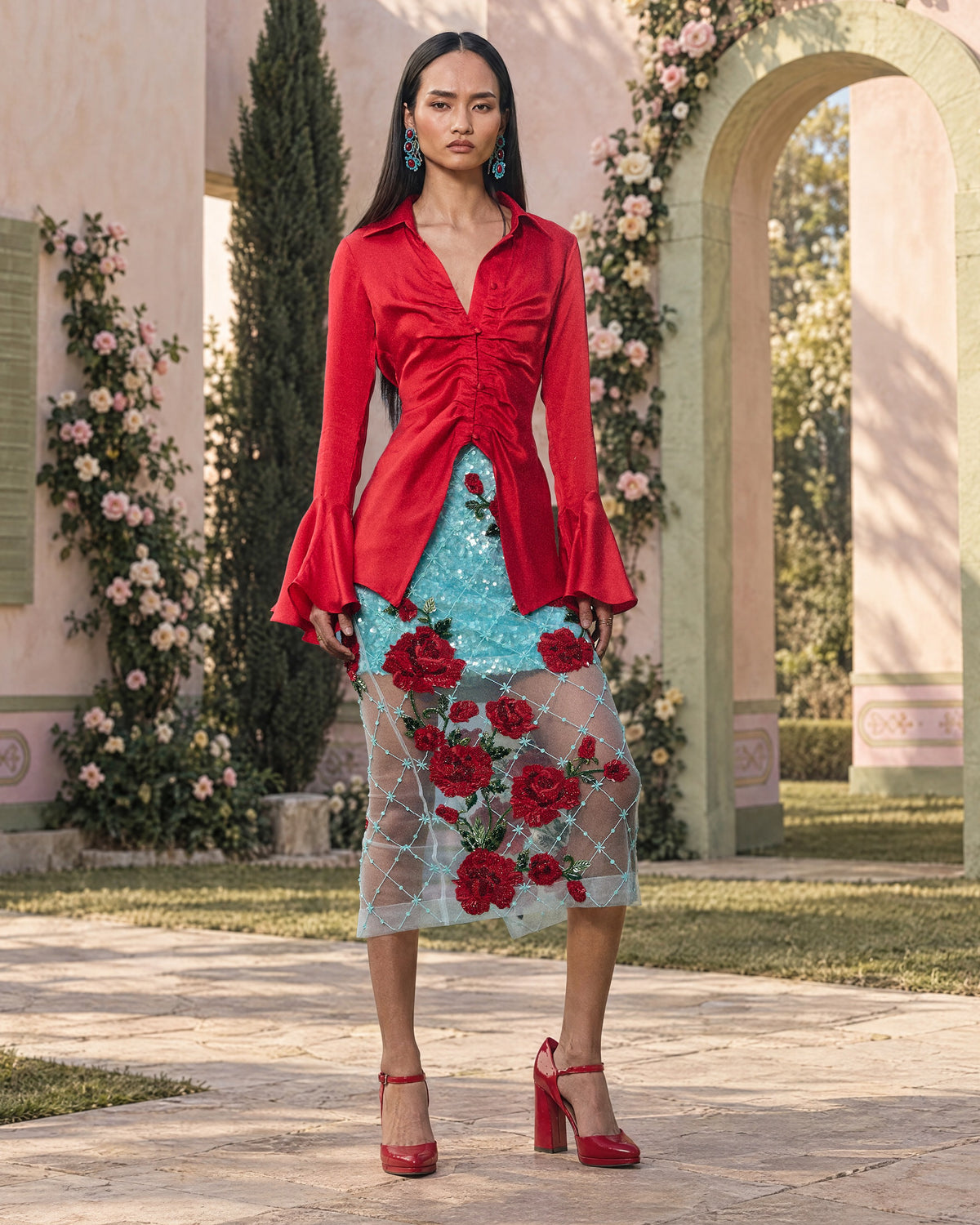 Winter Rose Embellished Midi Skirt