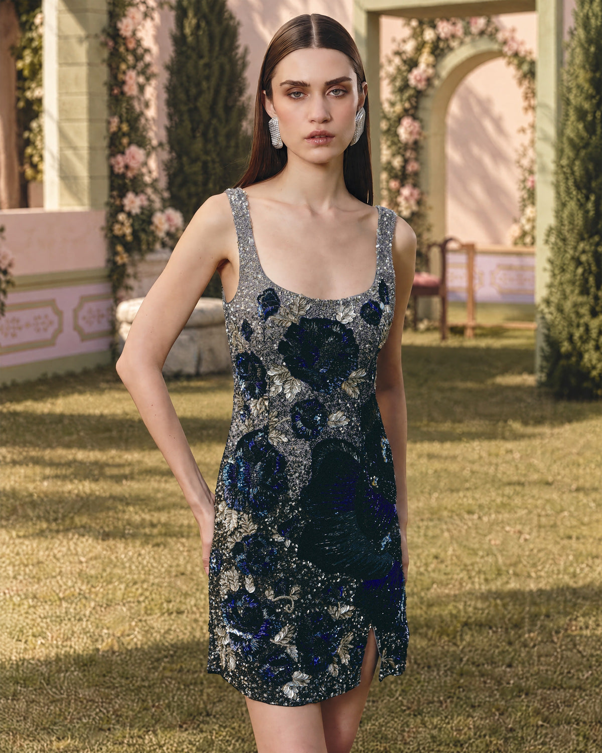 Midnight Rose Embellished Mini Dress