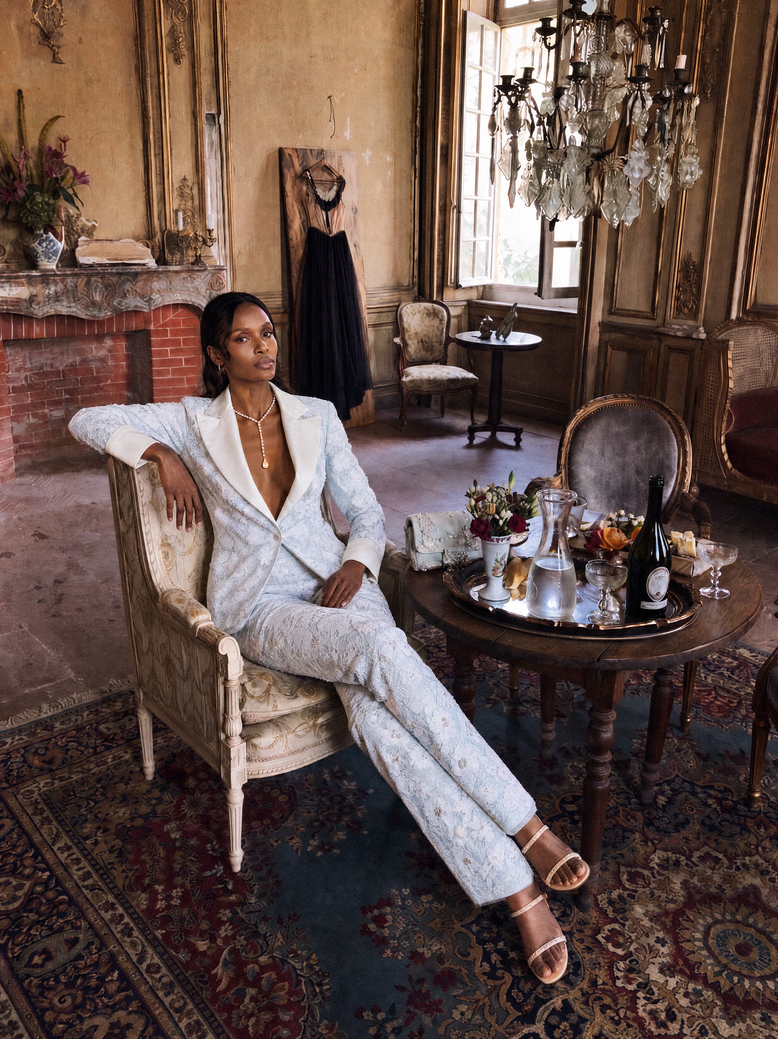 Luxury icy blue floral lace blazer – crystal embellished couture evening jacket for wedding guest fashion