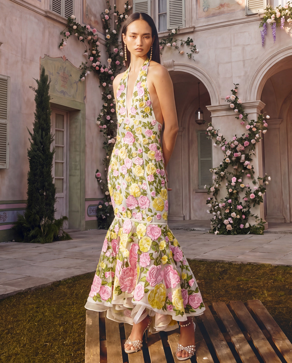 Citron Rosé Embroidered Halter Dress