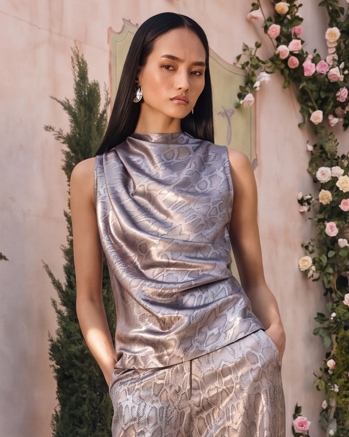 Champagne Smoke Cowl Neck Top