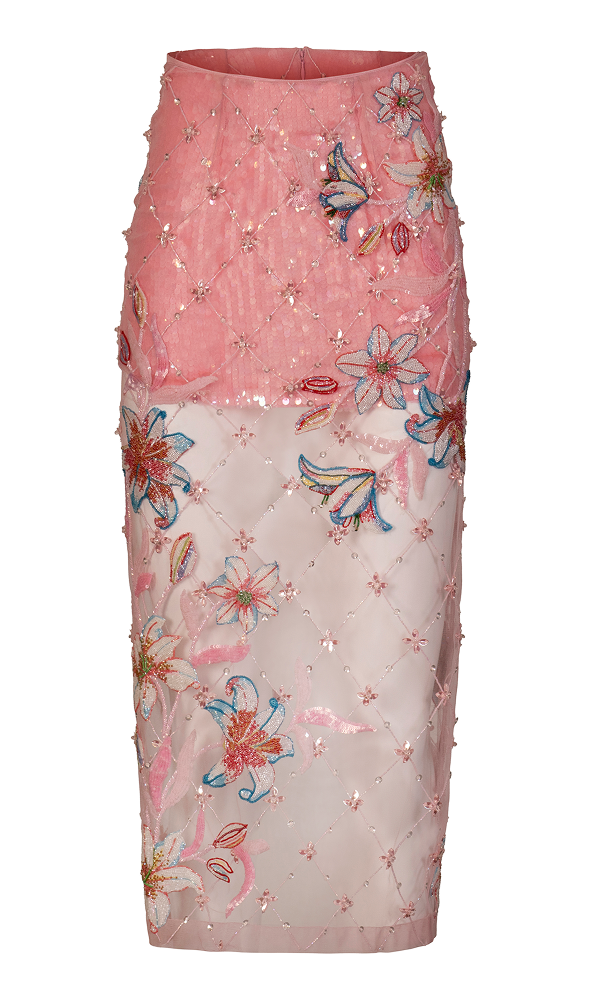 Pink skirt with floral embroidery and sequins on a white background