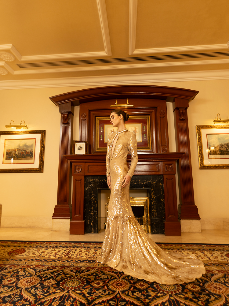 Keyhole neckline dress styled as a metallic shimmer evening gown