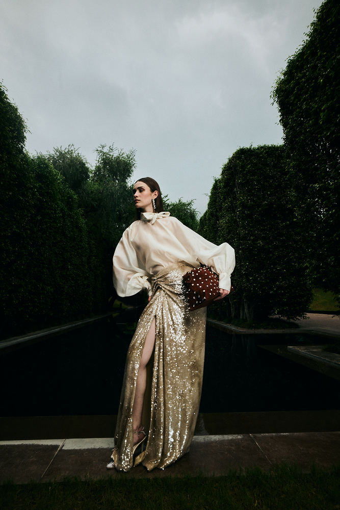 Champagne side slit skirt crafted for refined evening styling