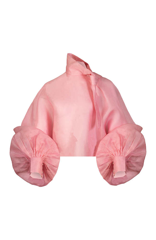 Silk organza top featuring a voluminous tie-up silhouette