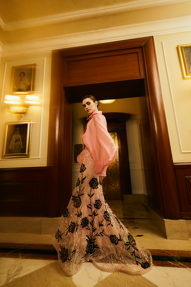 Voluminous tie-up silk organza top styled for resort and evening wear